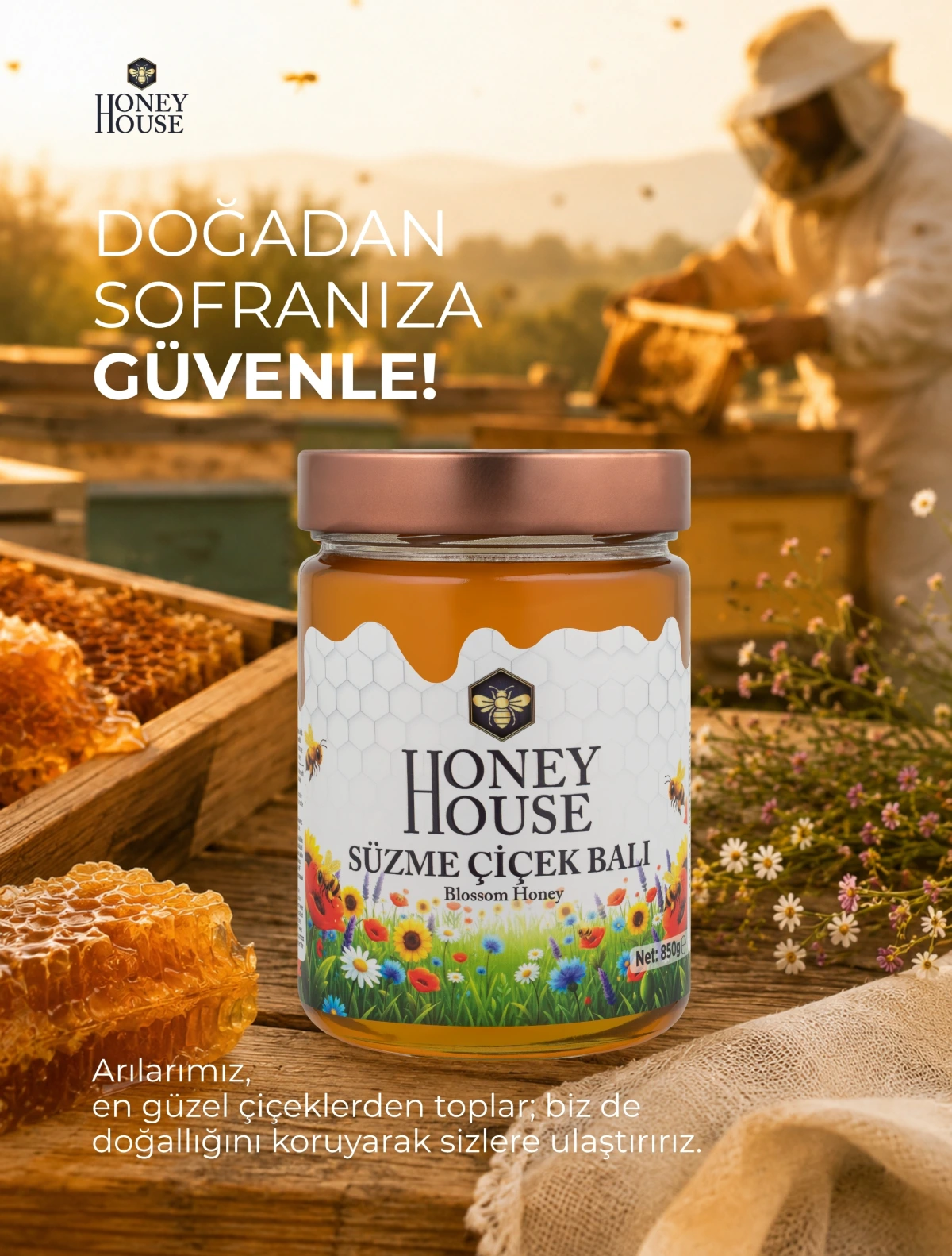 Süzme Çiçek Balı Cam Kavanoz 850 gr
