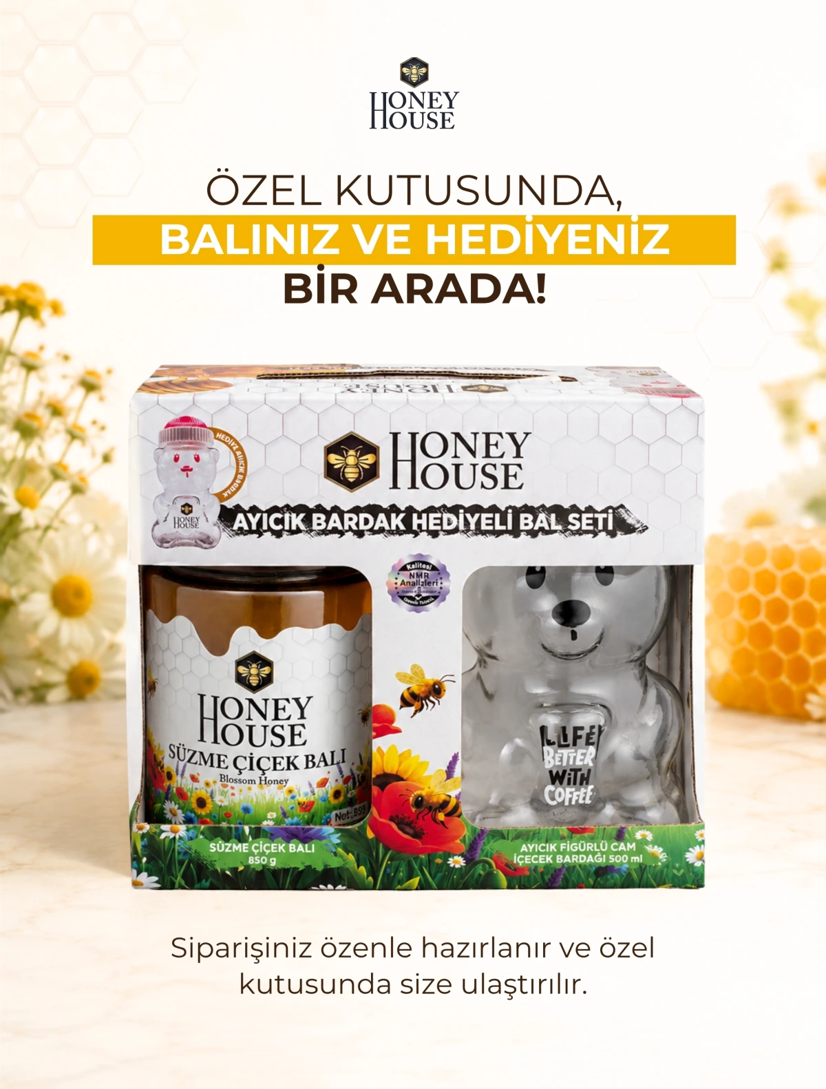 Süzme Çiçek Balı Cam Kavanoz + Bardak Hediyeli 850 gr
