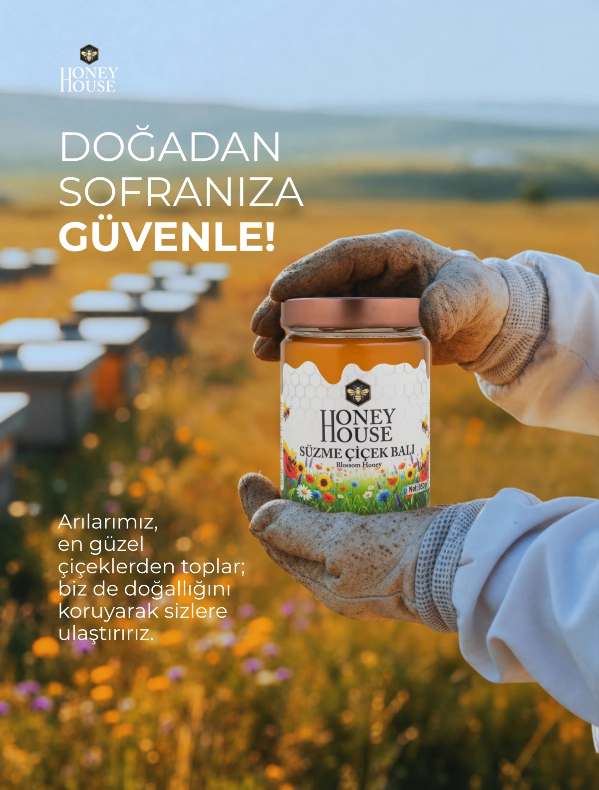 Süzme Çiçek Balı Cam Kavanoz + Bardak Hediyeli 850 gr