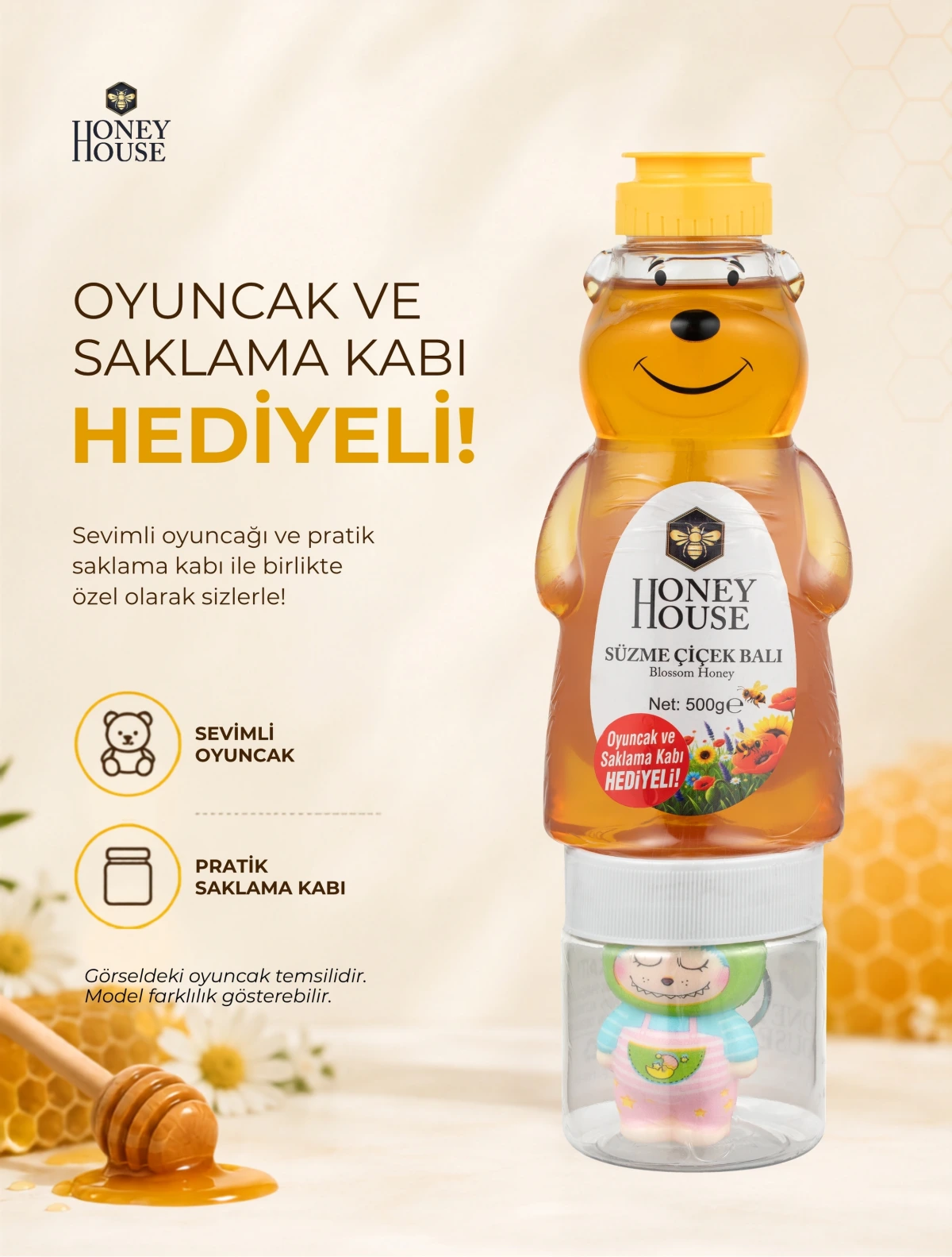 Süzme Çiçek Balı Pet Ayıcık Ambalaj + Oyuncak Hediyeli 500 gr