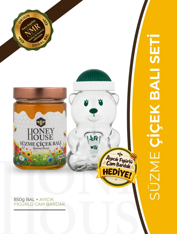 Süzme Çiçek Balı Cam Kavanoz + Bardak Hediyeli 850 gr