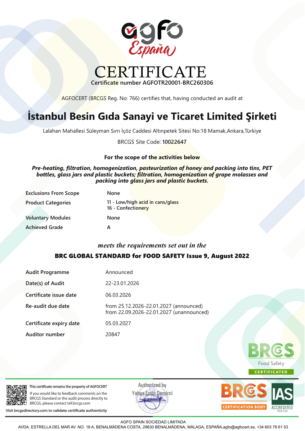 BRC Global Standard – Gıda Güvenliği, Derece A (AGFOCERT, 2026)
