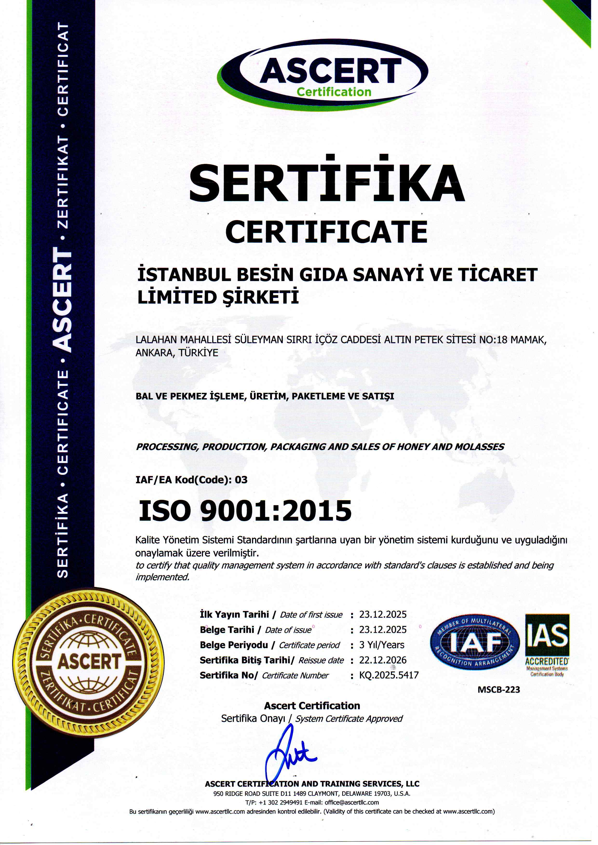 ISO 9001:2015 Kalite Yönetim Sistemi (ASCERT, KQ.2025.5417)