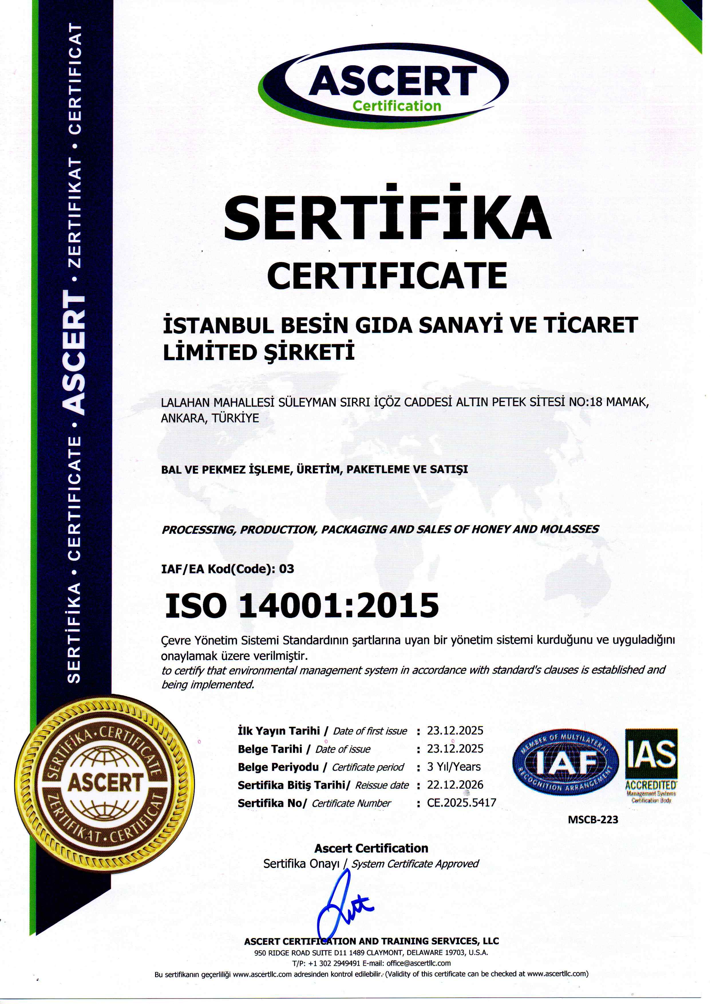 ISO 14001:2015 Çevre Yönetim Sistemi (ASCERT, CE.2025.5417)