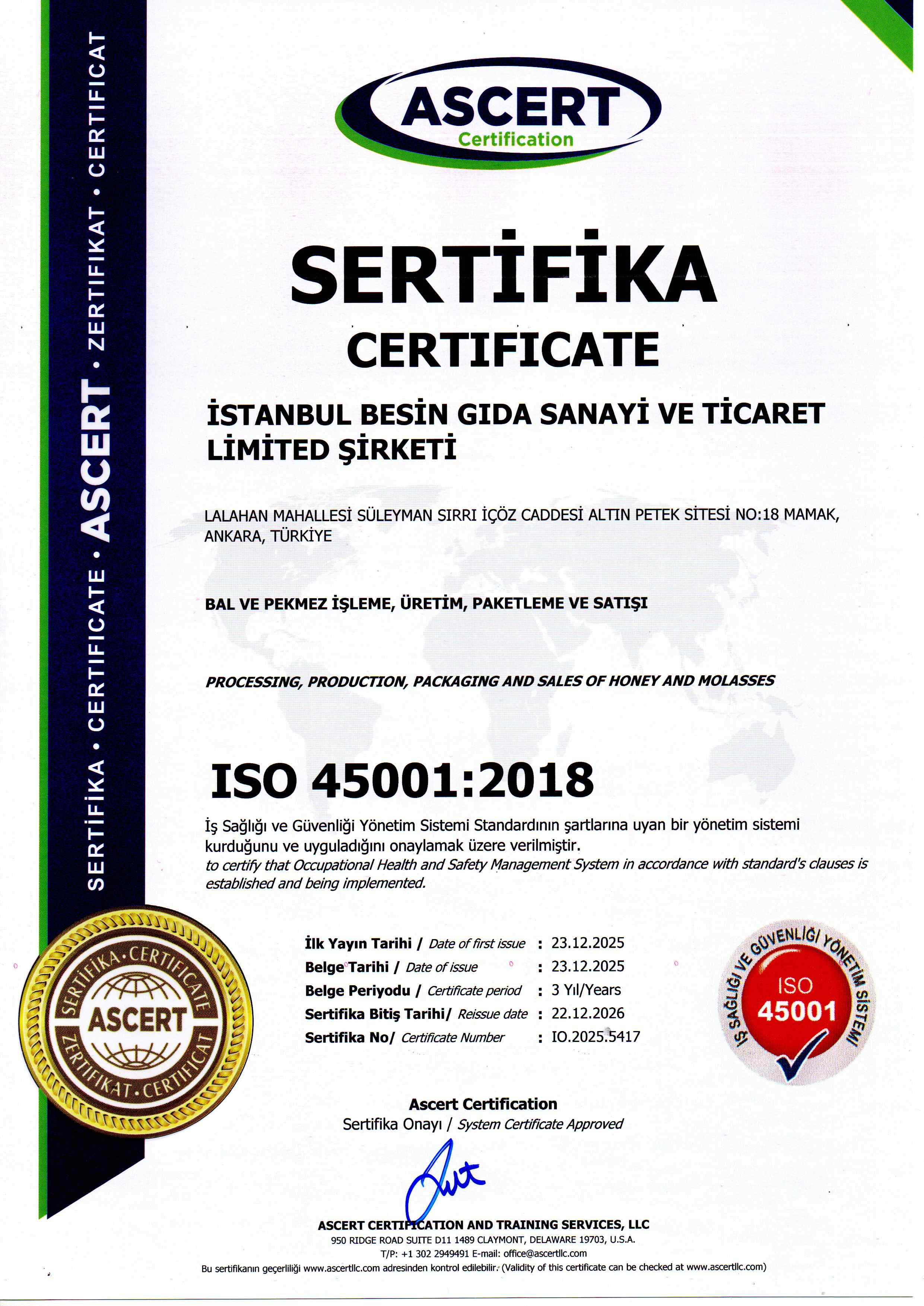 ISO 45001:2018 İş Sağlığı ve Güvenliği Yönetim Sistemi (ASCERT, IO.2025.5417)