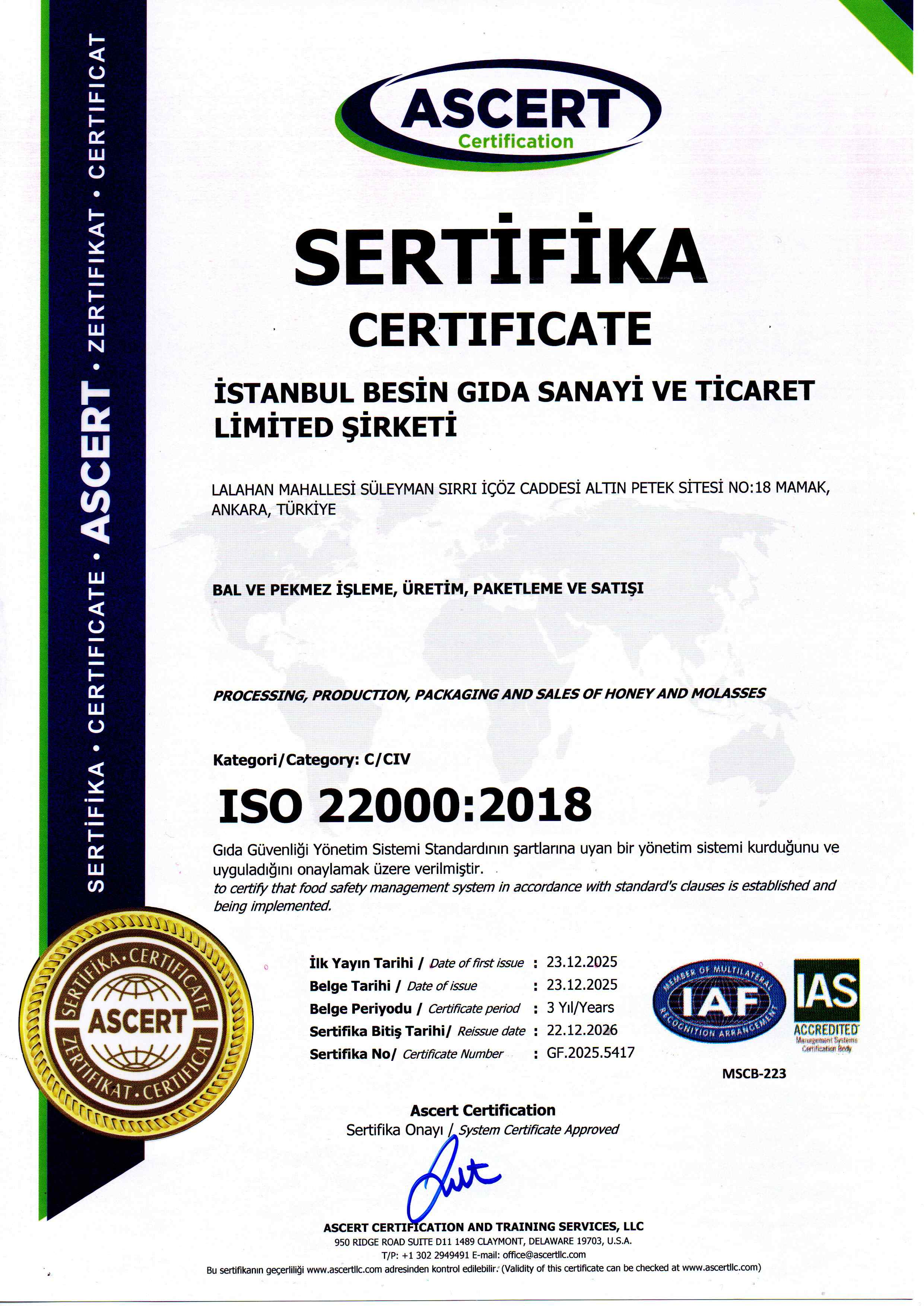 ISO 22000:2018 Gıda Güvenliği Yönetim Sistemi (ASCERT, GF.2025.5417)